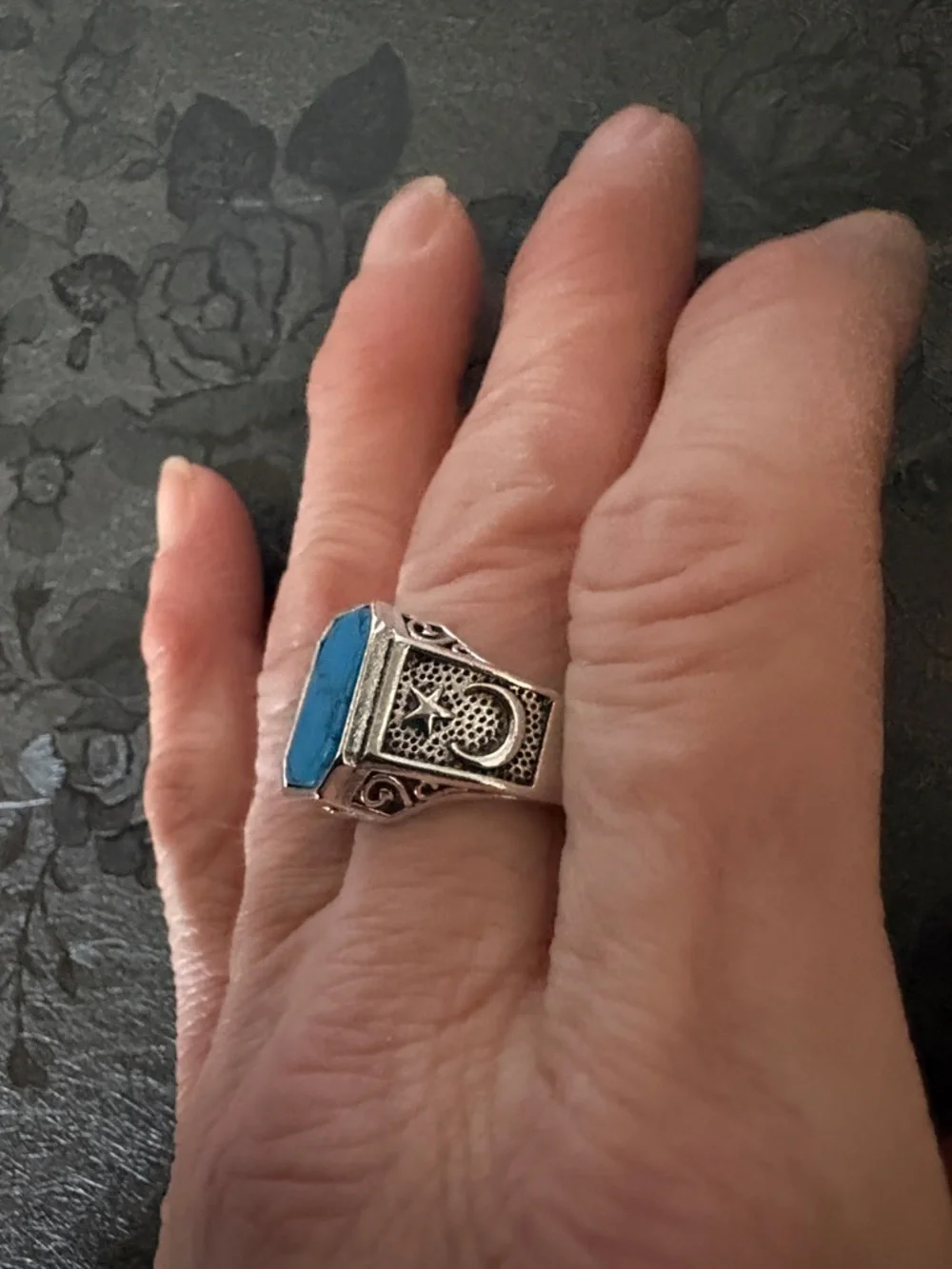 WOMEN'S MEN'S TURQUOISE .925 STERLING SILVER MOON STAR SIDE DESIGN SIZE 9 RING